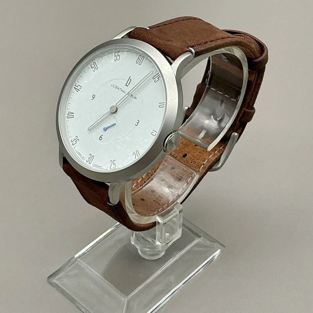 Lilienthal Berlin Watch Mens Silver Tone Brown Leather Quartz L1 NEW BATTERY
